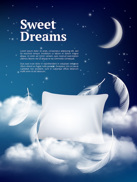 Night dream pillow. Advertizing poster with pillows clouds and feathers comfortable space realistic concept