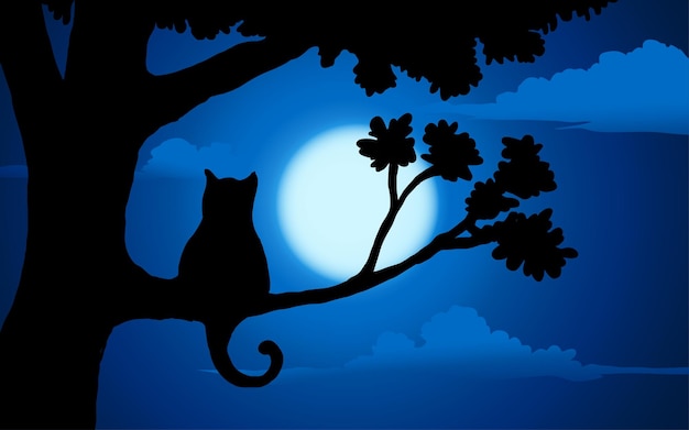 Night illustration with a cat on the tree branch