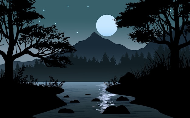 Night illustration with river in forest and full moon