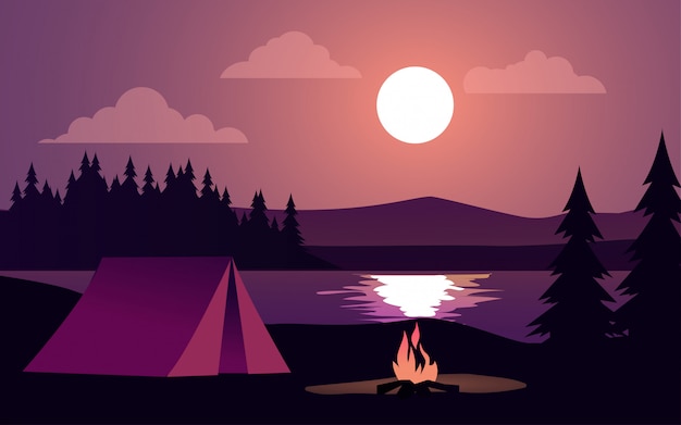 Night illustration with tent and bonfire at lake