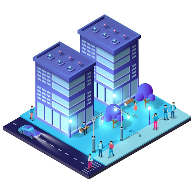 Night isometric smart blue ultraviolet block quarter city at night with lights 3D illustration