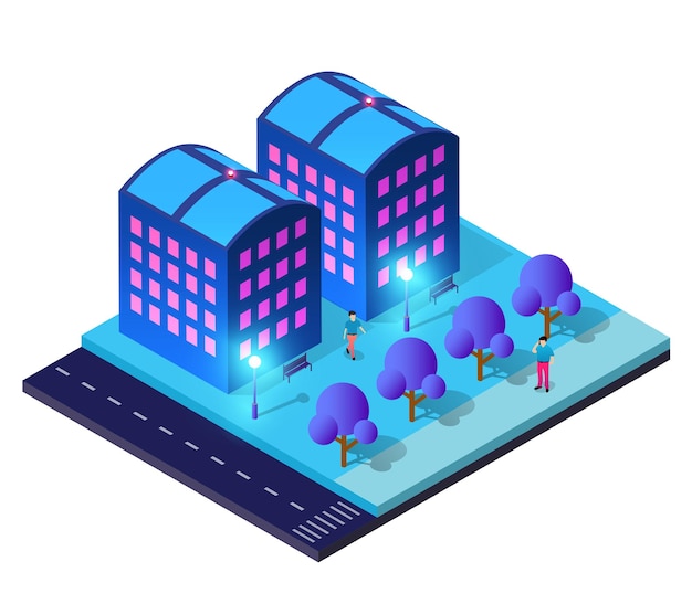 Night isometric smart blue ultraviolet block quarter city at night with lights 3D illustration