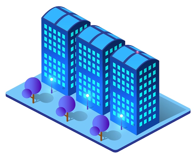 Night isometric smart blue ultraviolet city 3D illustration