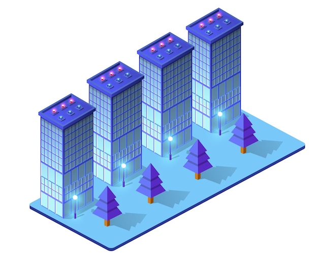 Night isometric smart blue ultraviolet city 3D illustration