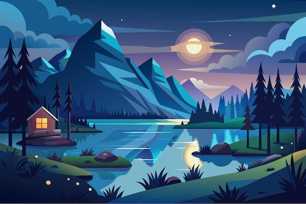 Night Lake landscape cartoon vector Illustration flat style artwork concept