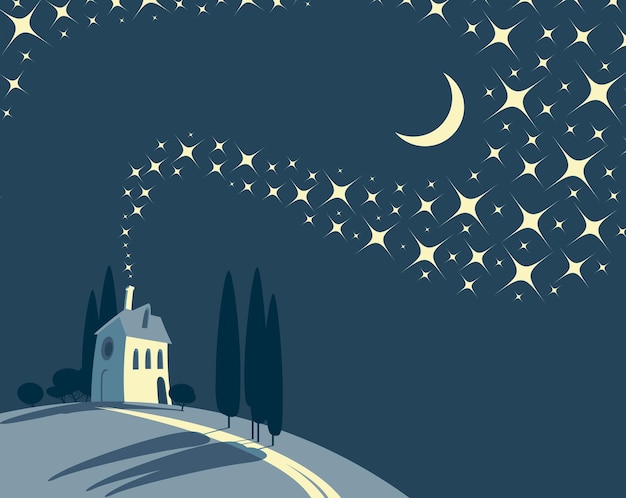 night landscape banner with lonely village house