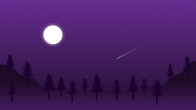 night landscape cartoon scene with hill and tree and moon in starry dark sky