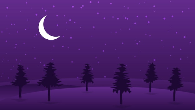 night landscape cartoon scene with hill and tree and moon in starry dark sky