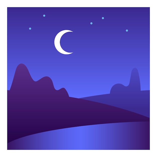 Night landscape. Countryside under dark night sky with moon crescent. Vector illustration