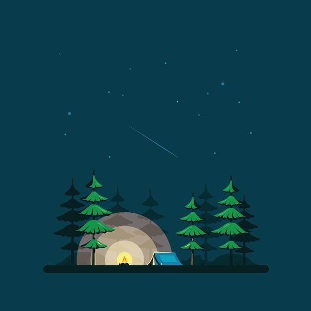 Night landscape in flat style with tent and forest