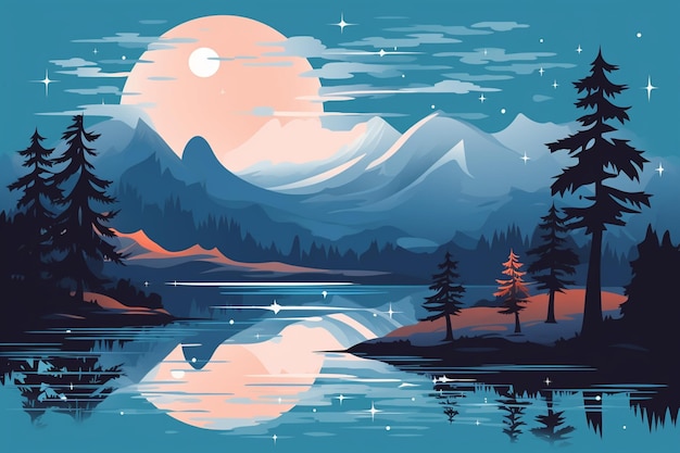 Night Landscape of Mountain Lake