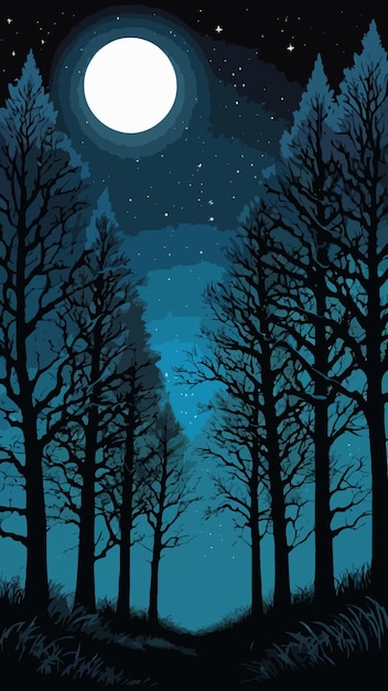 Vector night landscape scenery with moon and trees illustration cartoon drawing artwork vector