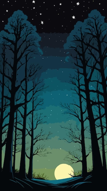 Vector night landscape scenery with moon and trees illustration cartoon drawing artwork vector