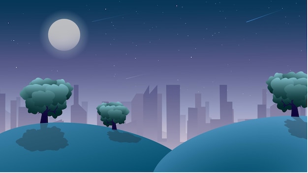 Night Landscape View Cartoon Vector Moonlight Starlight Calm Ambience