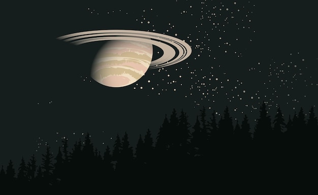 Night landscape with forest and planet saturn