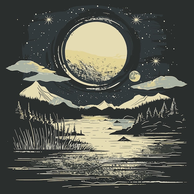 Night landscape with lake mountains and moon Hand drawn vector illustration