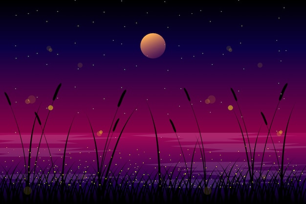 Night landscape with moon and sky illustration