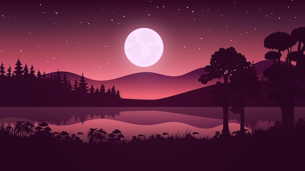 Night Landscape with Moon and Stars over The Mountain and a typical forest premium vector illustration art Adobe stock