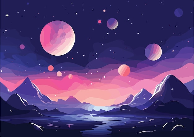 Vector night landscape with mountains lake and moon vector illustration in flat style