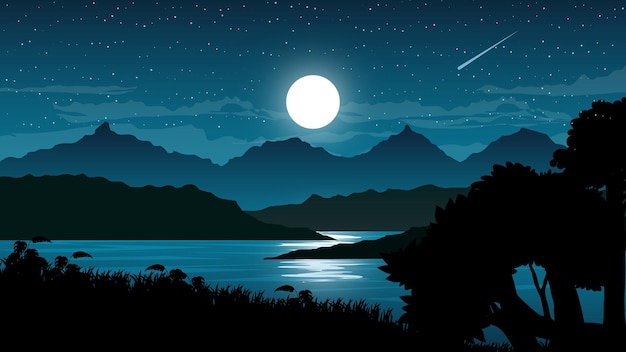 Night landscape with mountains and the moon relflected over the lake