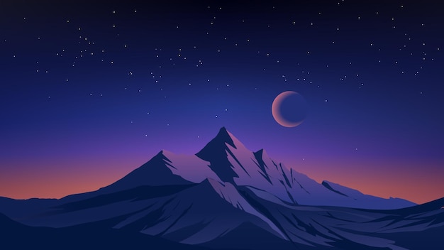 A night landscape with mountains and the moon.