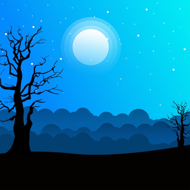 Night Landscape with silhouettes of trees and beautiful night sky with stars and the moon.