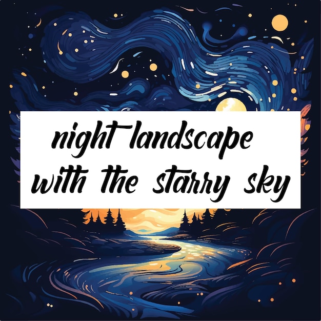 Vector night landscape with the starry sky in the style of fluid landscapes light orange and azure