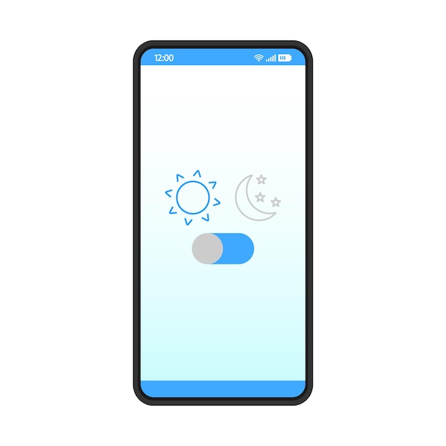 Night mode smartphone interface vector template. Mobile app page design layout. Sleeping mode turn on, off screen. Light filter toggle button. Flat UI application. Phone display brightness settings