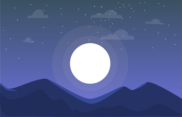 Vector night mountain landscape with full moon clouds and stars