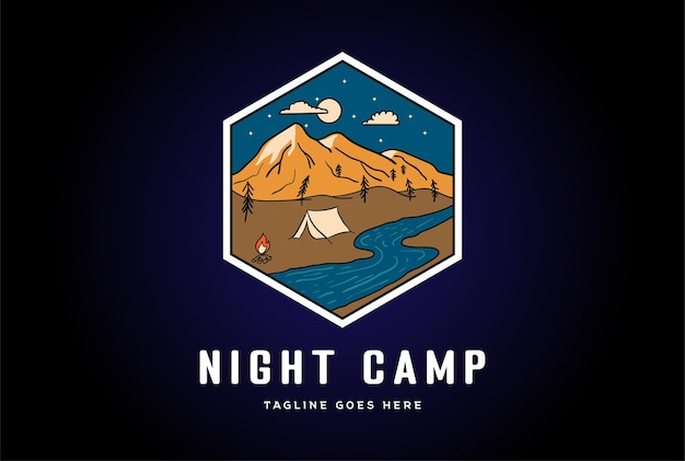 Night Mountain Tent Campfire and River Creek Badge Emblem for Outdoor Camp Logo Design