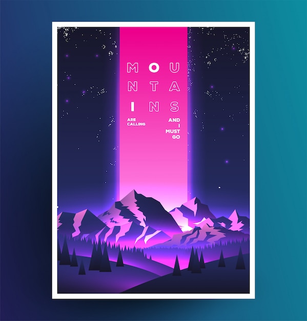 Night mountains vaporwave poster 