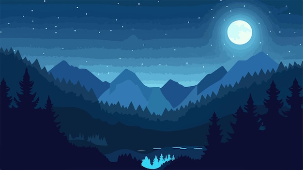 Vector night natural landscape flat vector isolated on white background