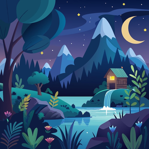 Night Nature Scene Vector Art Graphics Illustration