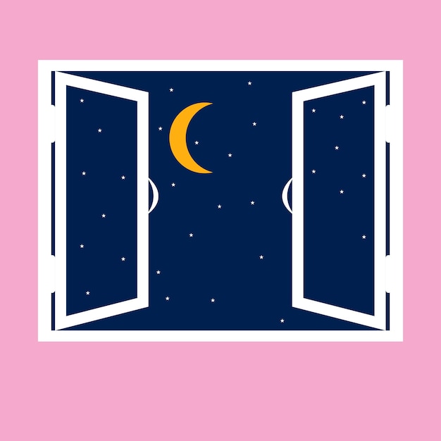 Night out the window isolated on pink background Night sky with stars and moon