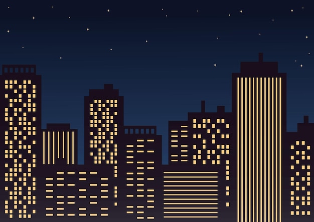 Night panorama of the city Buildings with luminous windows against the starry sky Vector flat vector illustration