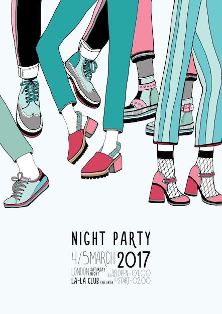 Night party hand drawn colorful poster with dancing legs