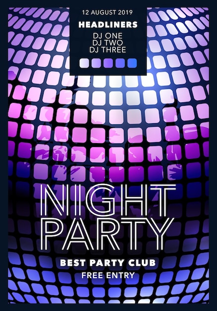 Night party vector illustration, banner. Poster for disco with text for event and DJ names. Background with texture and close up of disco ball