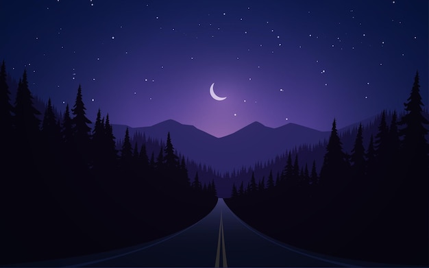 Night scene at empty road with forest and mountain