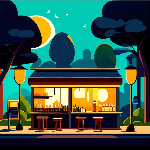 Night scene with beverage shop in park cartoon cityscape with outdoor