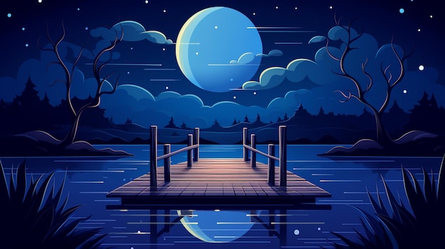 a night scene with a boat and a full moon in the sky