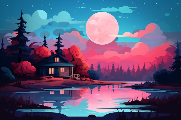 Vector night scene with house and moon