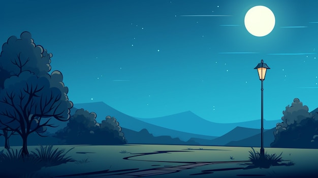 Vector a night scene with mountains and a full moon