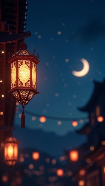 Vector night scene with ornate glowing lanterns and crescent moon