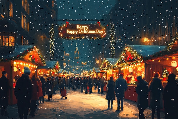 a night scene with people in the snow and a sign that says happy holidays