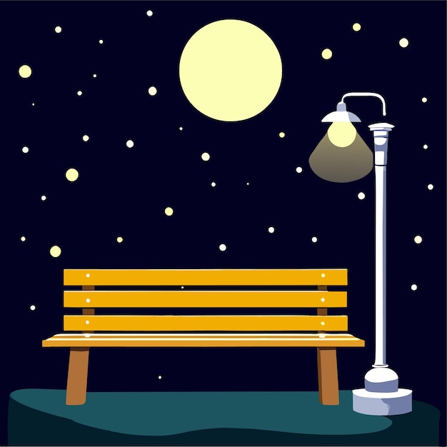 Vector night scene with wooden bench and tall lamp with lighting in park cartoon cityscape