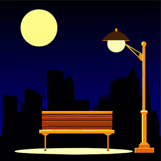 Vector night scene with wooden bench and tall lamp with lighting in park cartoon cityscape