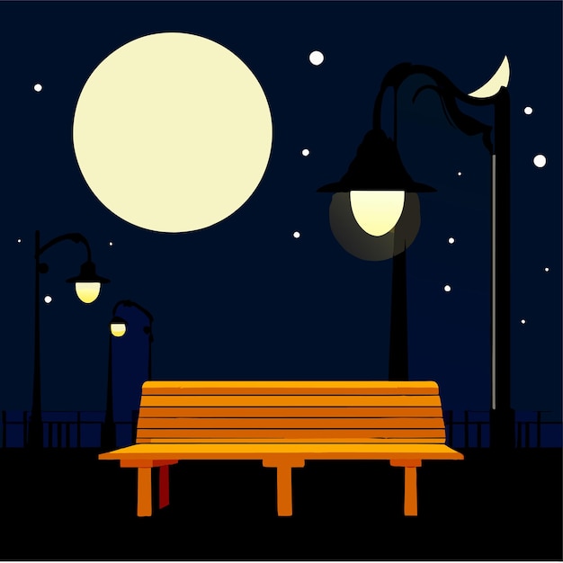 Vector night scene with wooden bench and tall lamp with lighting in park cartoon cityscape