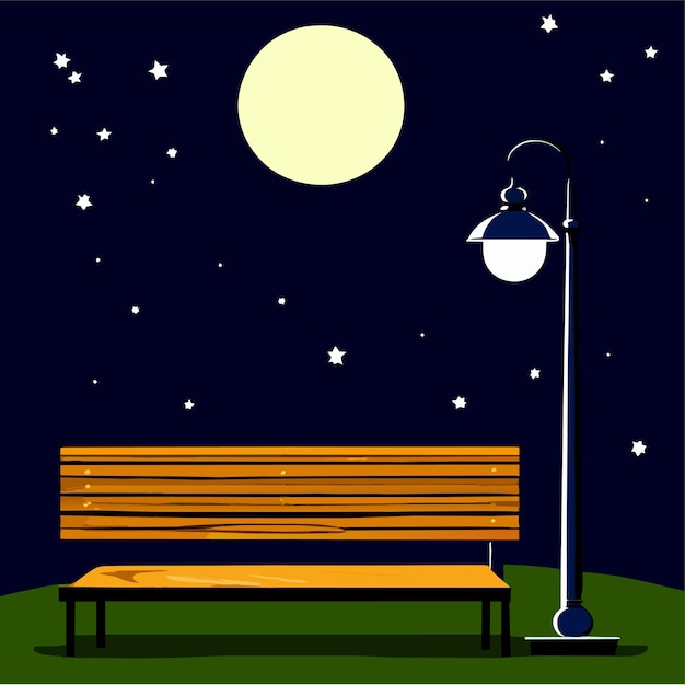 Vector night scene with wooden bench and tall lamp with lighting in park cartoon cityscape