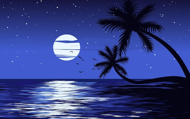 Night scenery at sea with moon, stars and palm trees. Vector landscape illustration