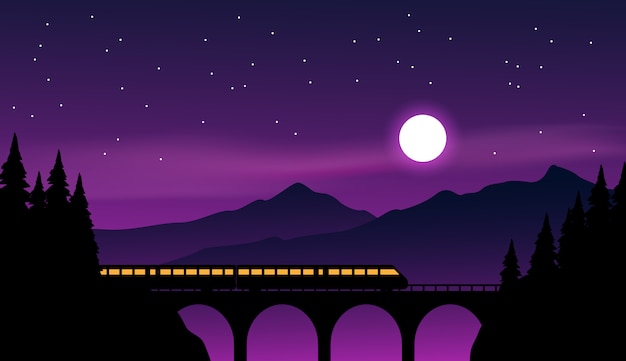 Night scenery with train and moonlight